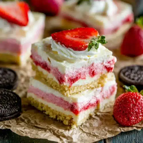 No-bake strawberry shortcake cheesecake bars with Oreo crust and fresh strawberry topping