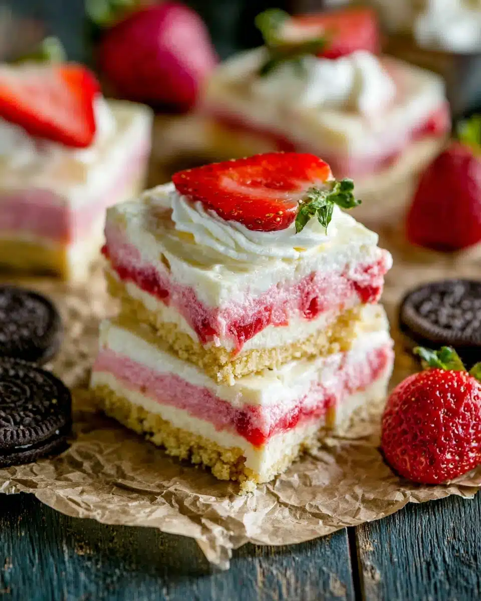 No-bake strawberry shortcake cheesecake bars with Oreo crust and fresh strawberry topping
