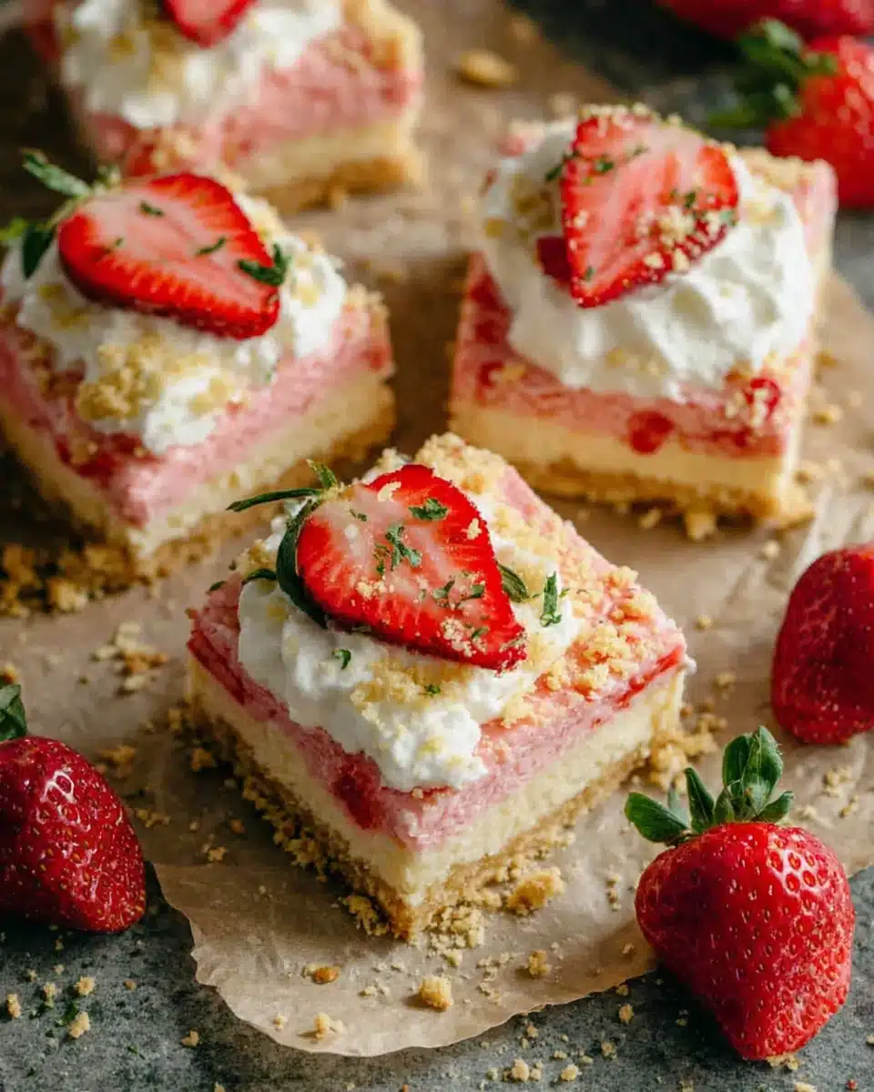 No-bake strawberry shortcake cheesecake bars with fresh strawberries and whipped cream