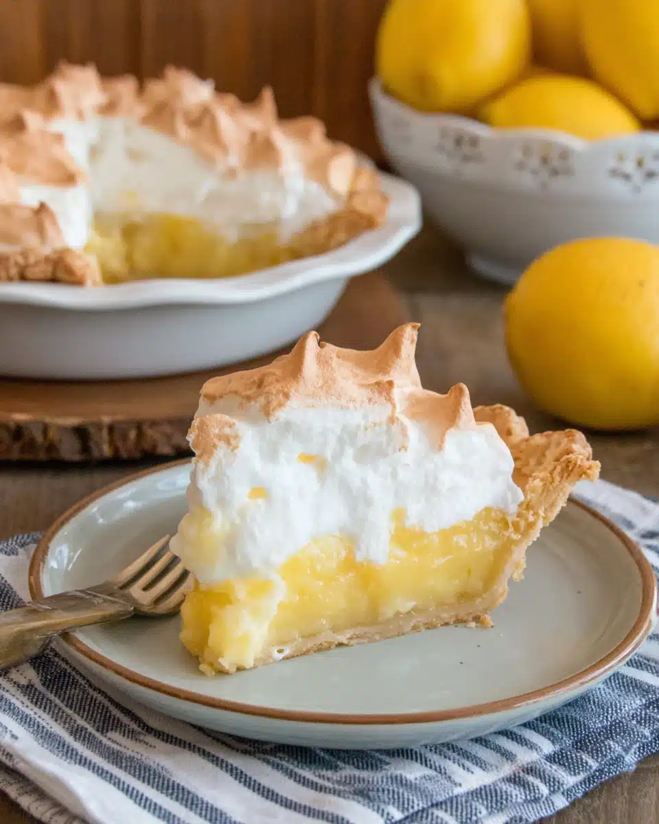 Classic Old Fashioned Lemon Meringue Pie Slice Delicious old fashioned lemon meringue pie slice on a plate.