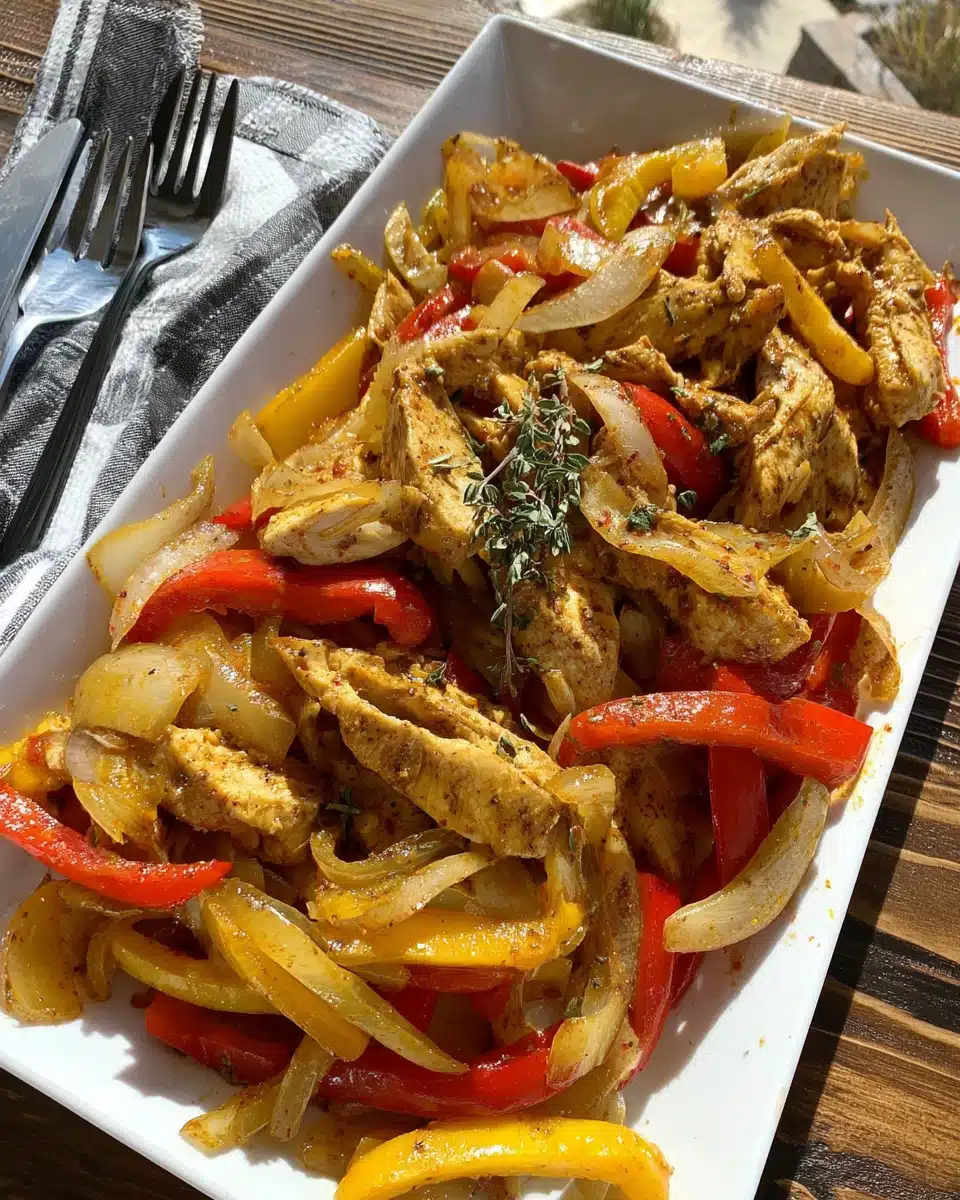 Oven baked chicken fajitas with vibrant bell peppers and chicken.