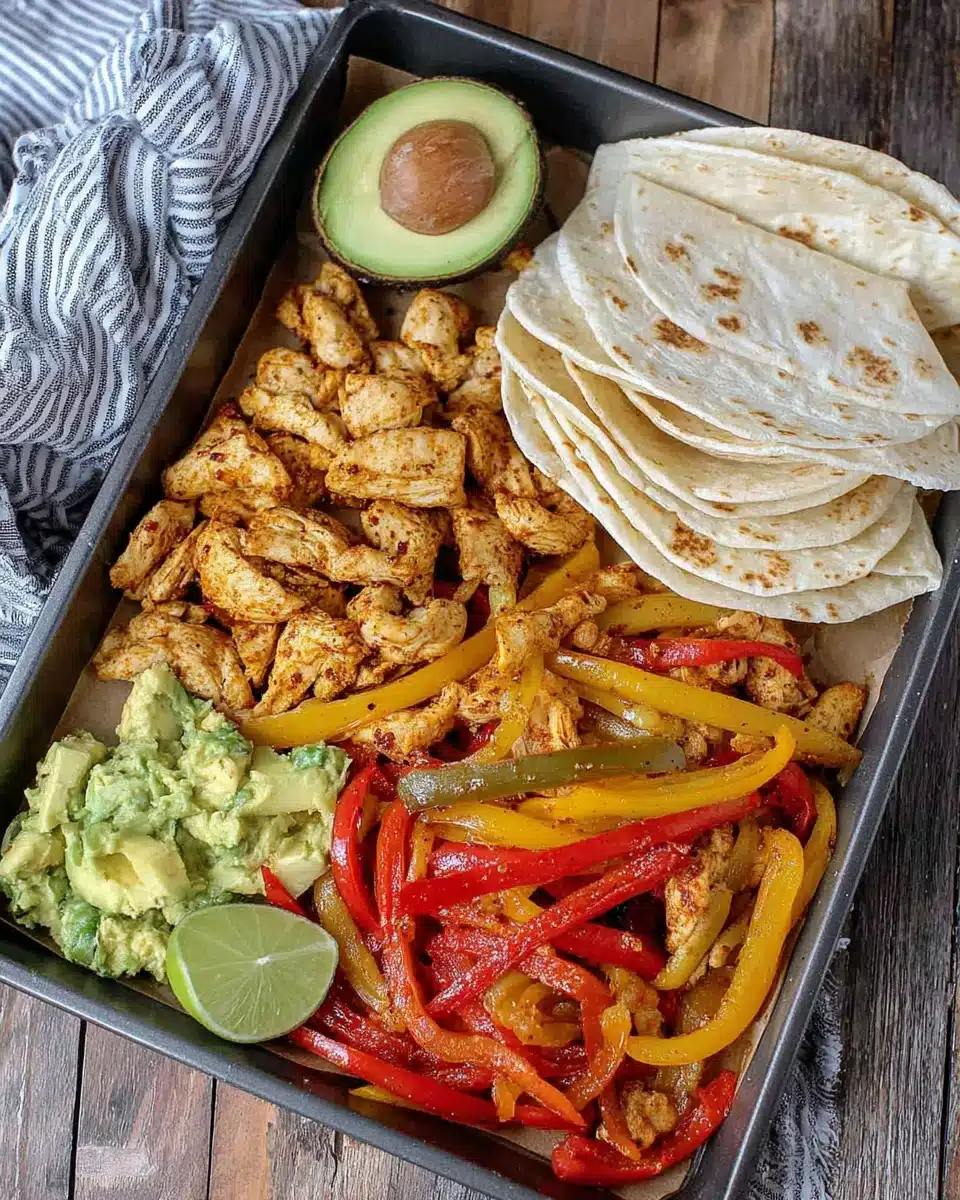 Oven baked chicken fajitas with bell peppers and tortillas.
