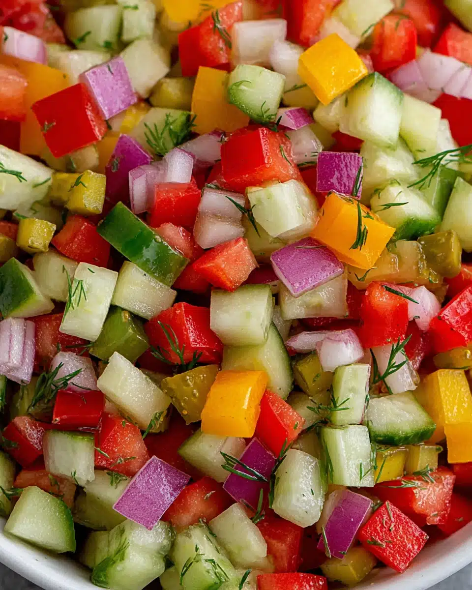 Fresh pico de gallo with dill pickles and vibrant veggies