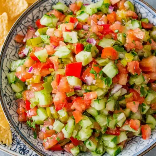 Zesty pico de gallo fresh with dill pickles and veggies.