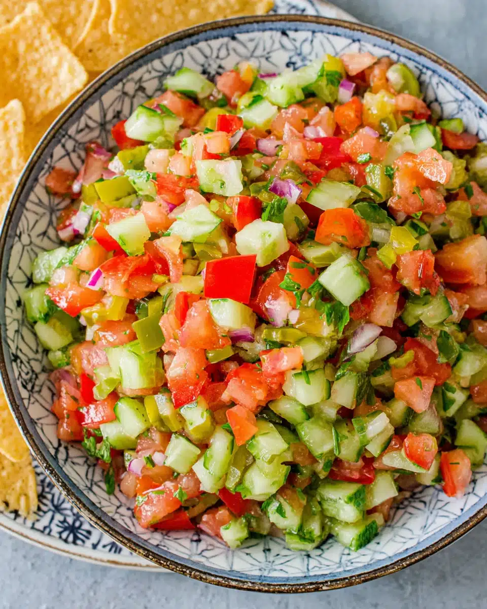 Zesty pico de gallo fresh with dill pickles and veggies.