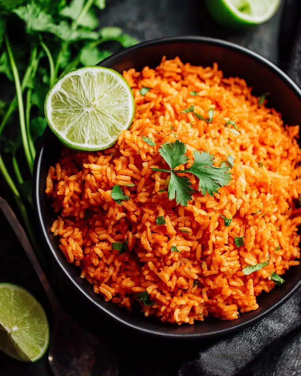Delicious rice cooker Mexican rice garnished with lime and cilantro.