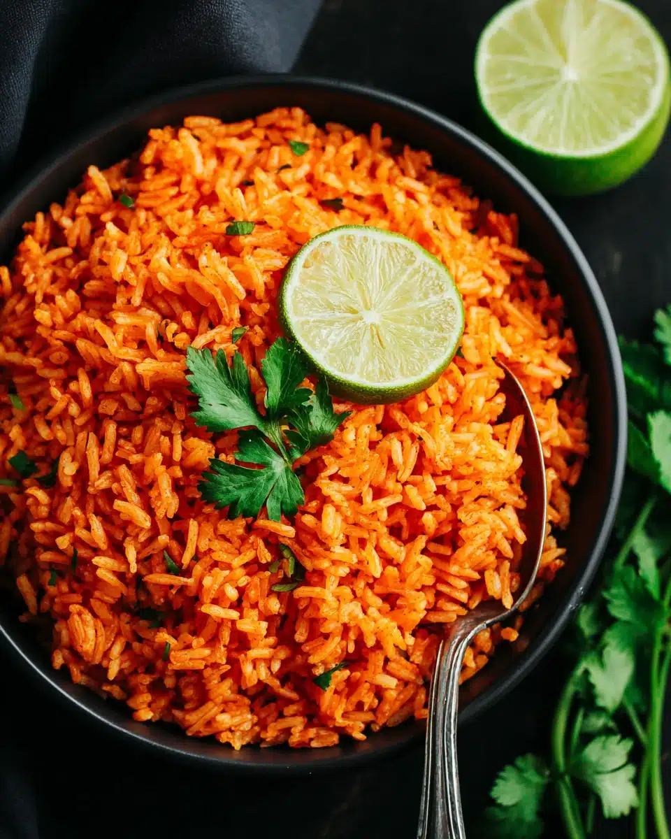 Delicious rice cooker Mexican rice garnished with lime and cilantro.