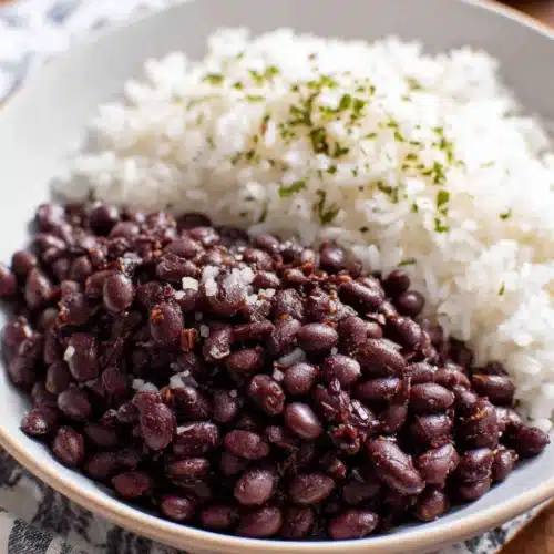 Seasoned vegan black beans with rice, healthy and flavorful dish.