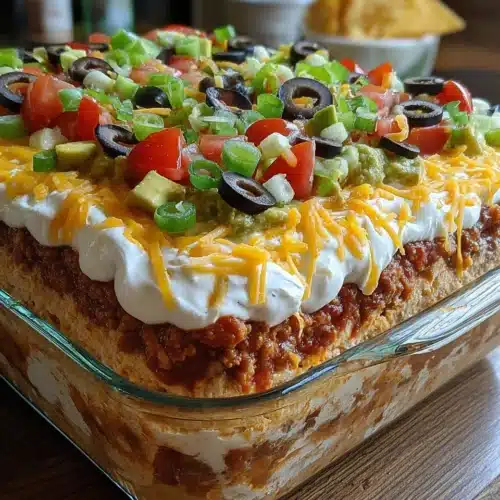 Delicious Seven Layer Taco Dip for Any Occasion 1 Delicious seven layer taco dip with colorful layers.