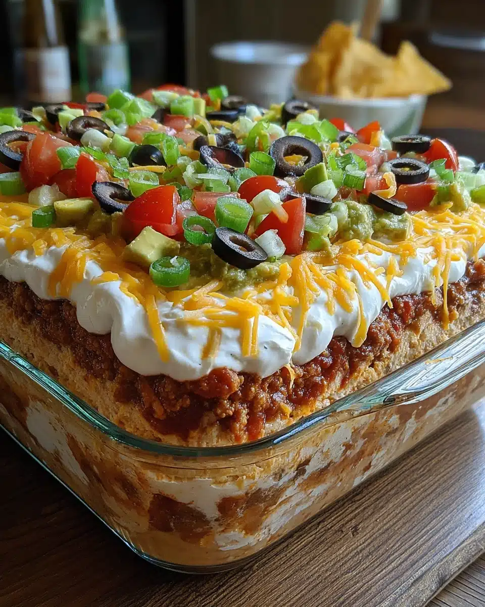 Seven Layer Taco Dip Recipe Delicious seven layer taco dip with colorful layers.