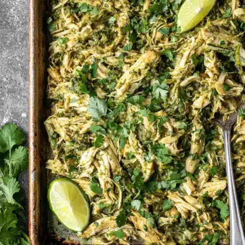 Sheet pan salsa verde chicken with cilantro and lime.
