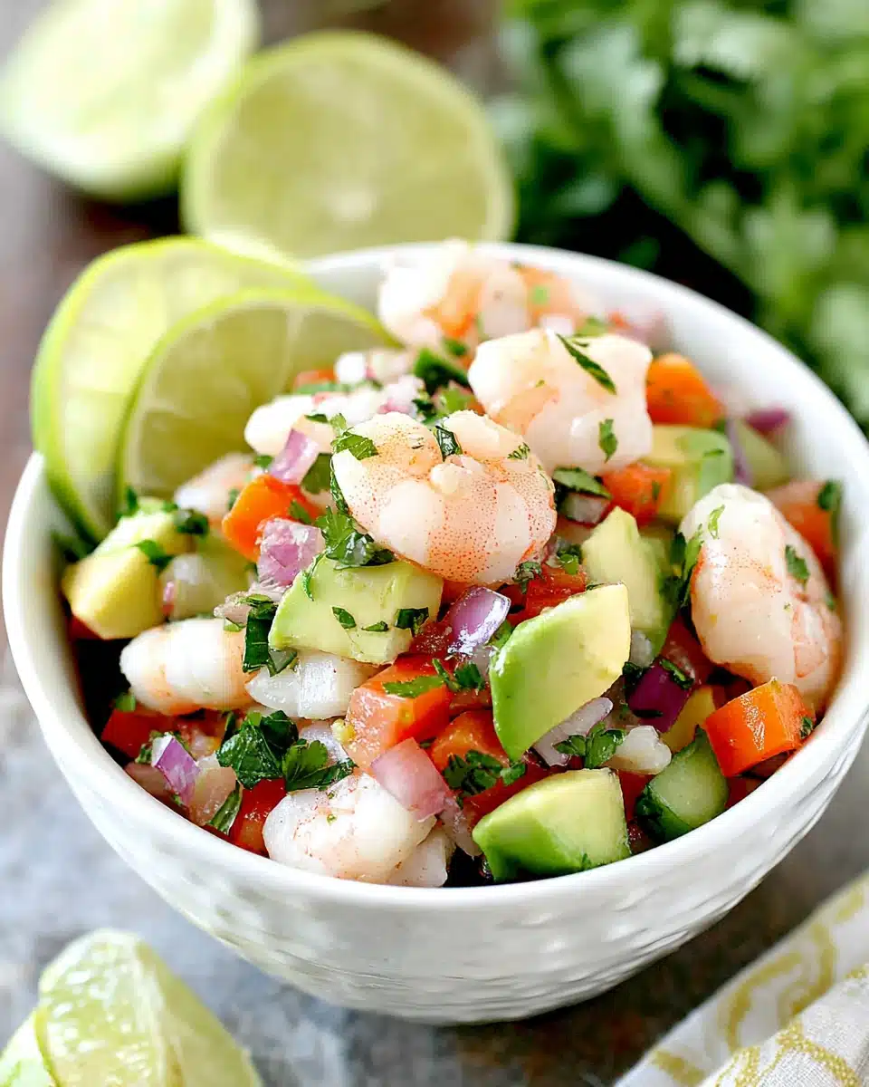 Shrimp ceviche recipe with fresh veggies and lime.