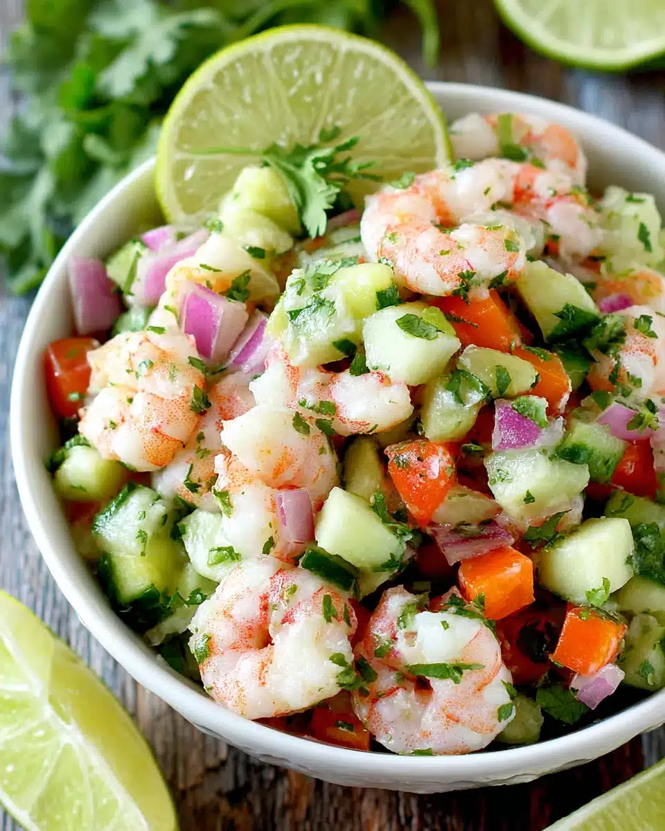 Delicious shrimp ceviche recipe with fresh vegetables.
