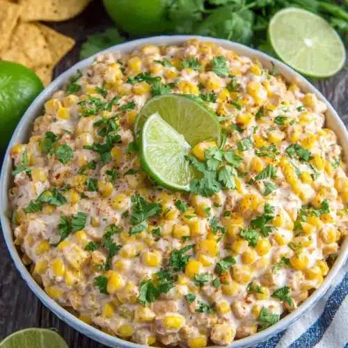 Delicious slow cooker Mexican street corn dip ready to serve.