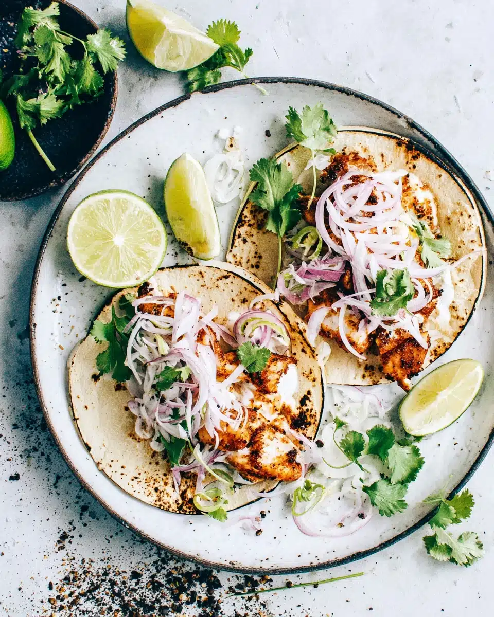 Delicious spicy fish tacos with lime, onions, and slaw.