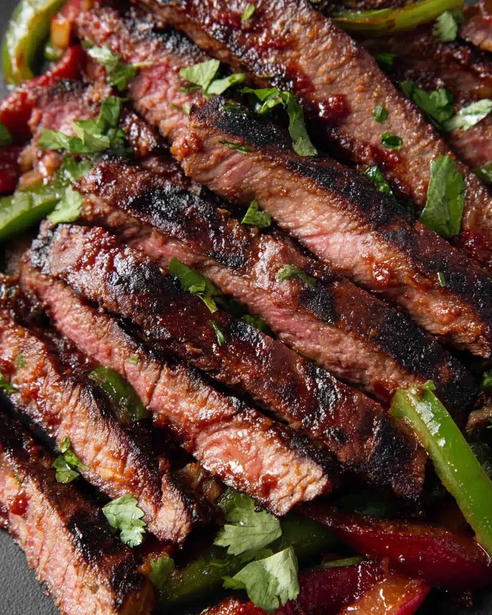 Juicy steak fajitas marinated with pineapple juice and soy sauce.