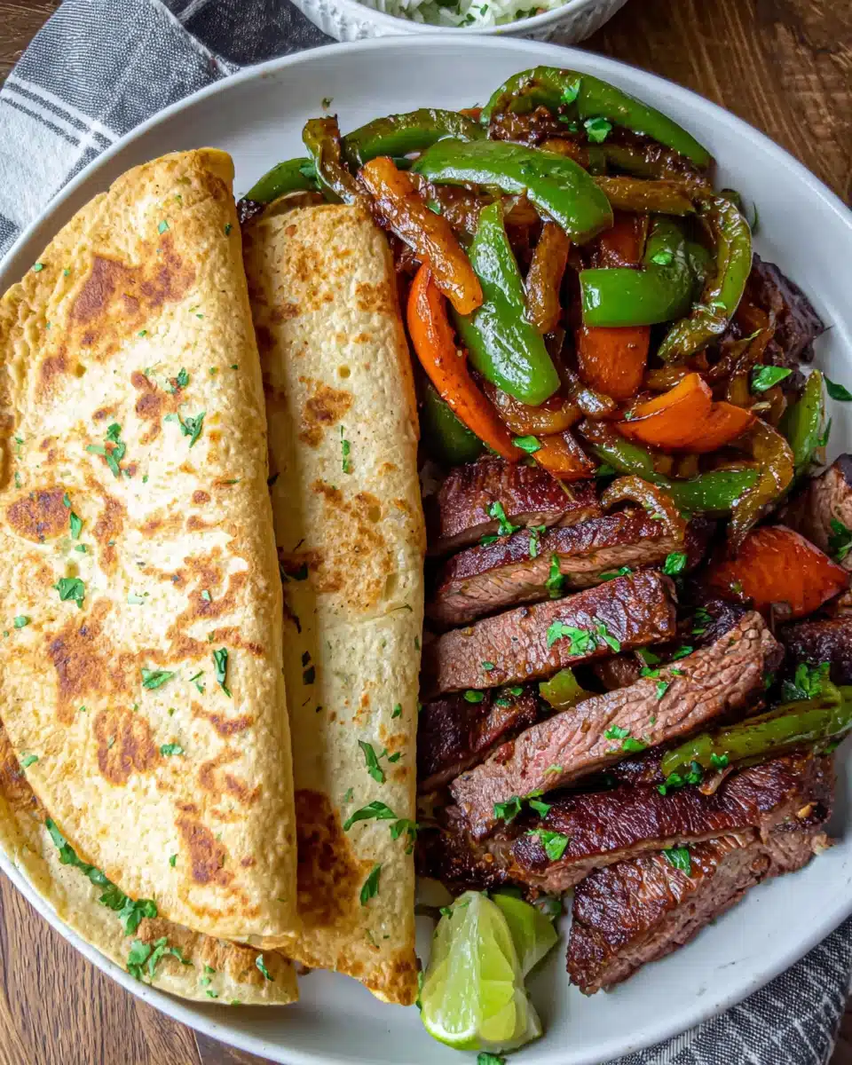 Easy Steak Fajitas Recipe Easy steak fajitas recipe with marinated flank steak and veggies.
