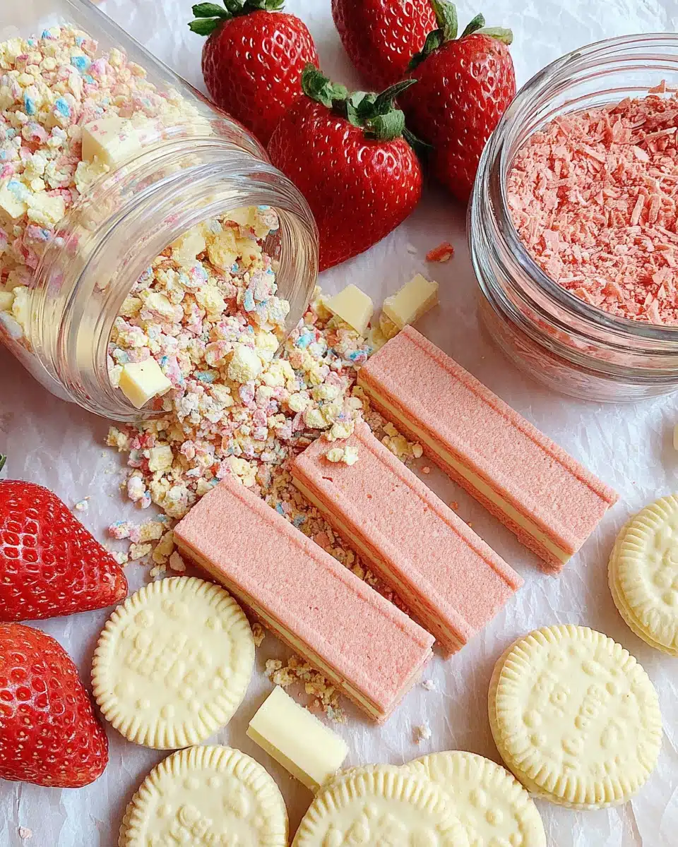 Strawberry crunch bars ingredients with fresh strawberries, pink wafers, vanilla cookies, and crumbled topping