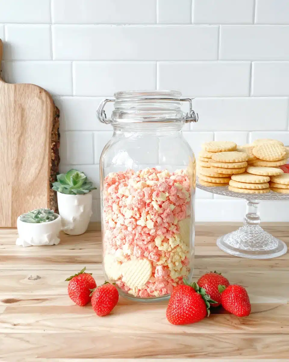 Strawberry crunch bars in a glass jar with fresh strawberries and cookies nearby