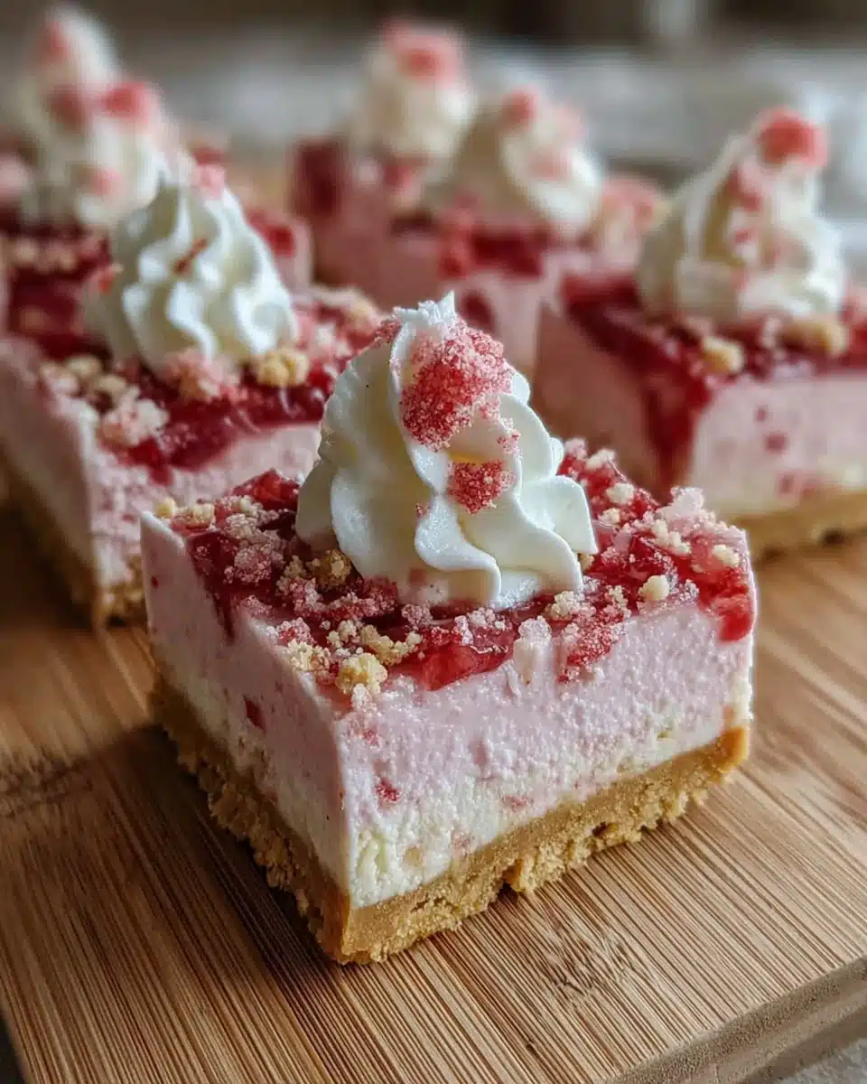 Strawberry crunch cheesecake bars with whipped cream and crushed strawberry topping on a wooden board