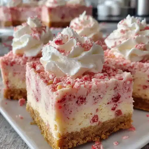 Strawberry crunch cheesecake bars with whipped cream and pink sugar topping