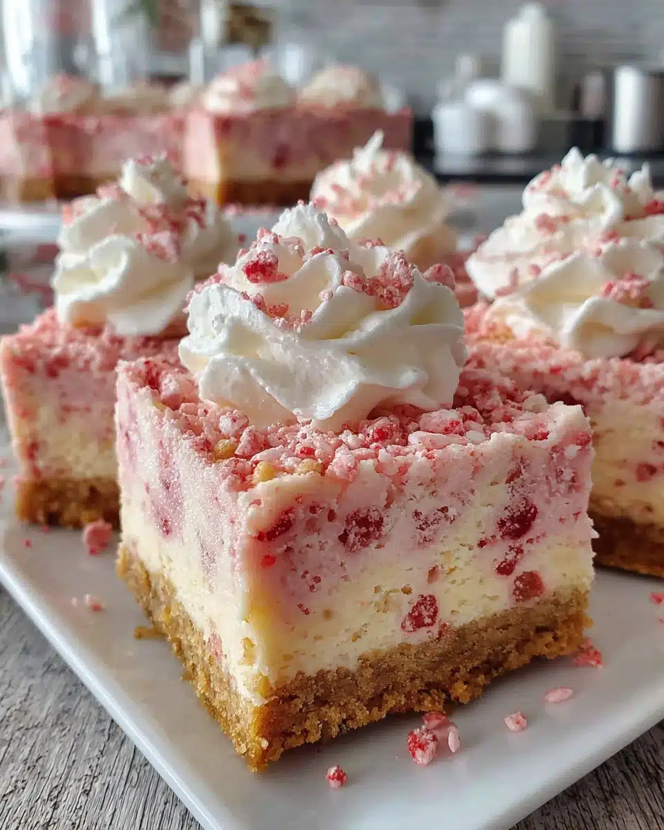 Strawberry crunch cheesecake bars with whipped cream and pink sugar topping