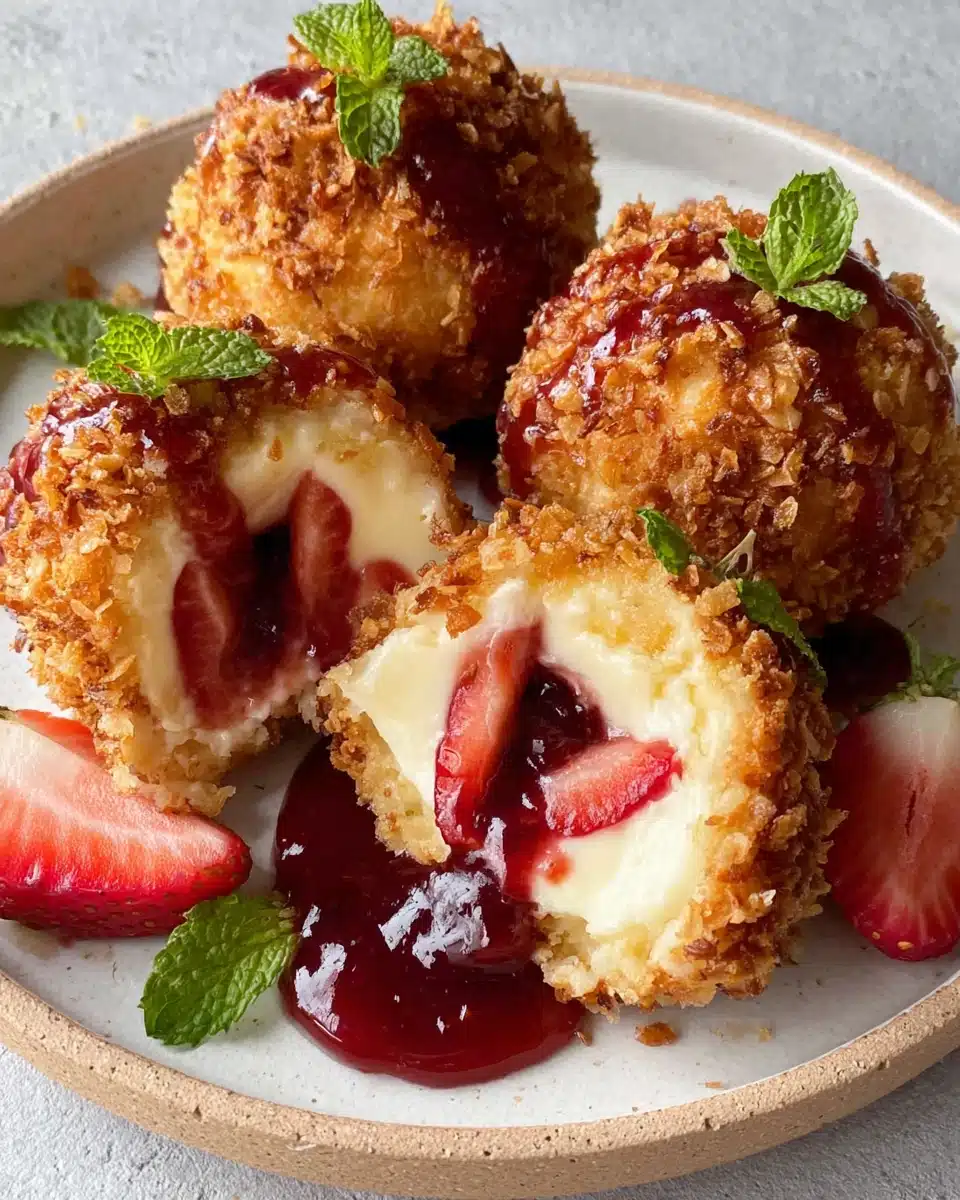 Strawberry Crunch Cheesecake Bites with Creamy Filling and Crunchy Topping Strawberry crunch cheesecake bites with creamy filling, crunchy topping, and strawberry sauce