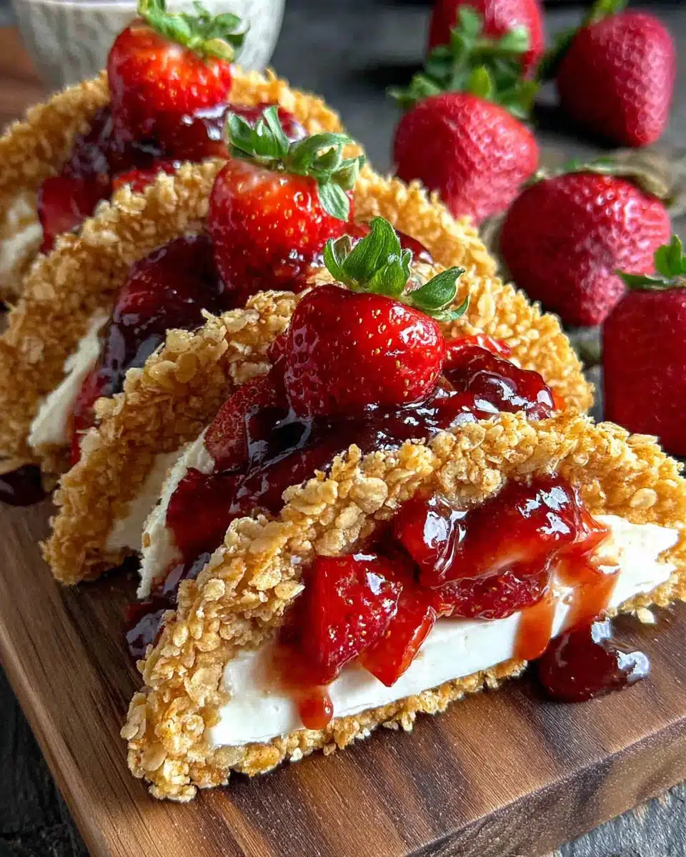 Strawberry crunch cheesecake taco with creamy filling and fresh strawberries