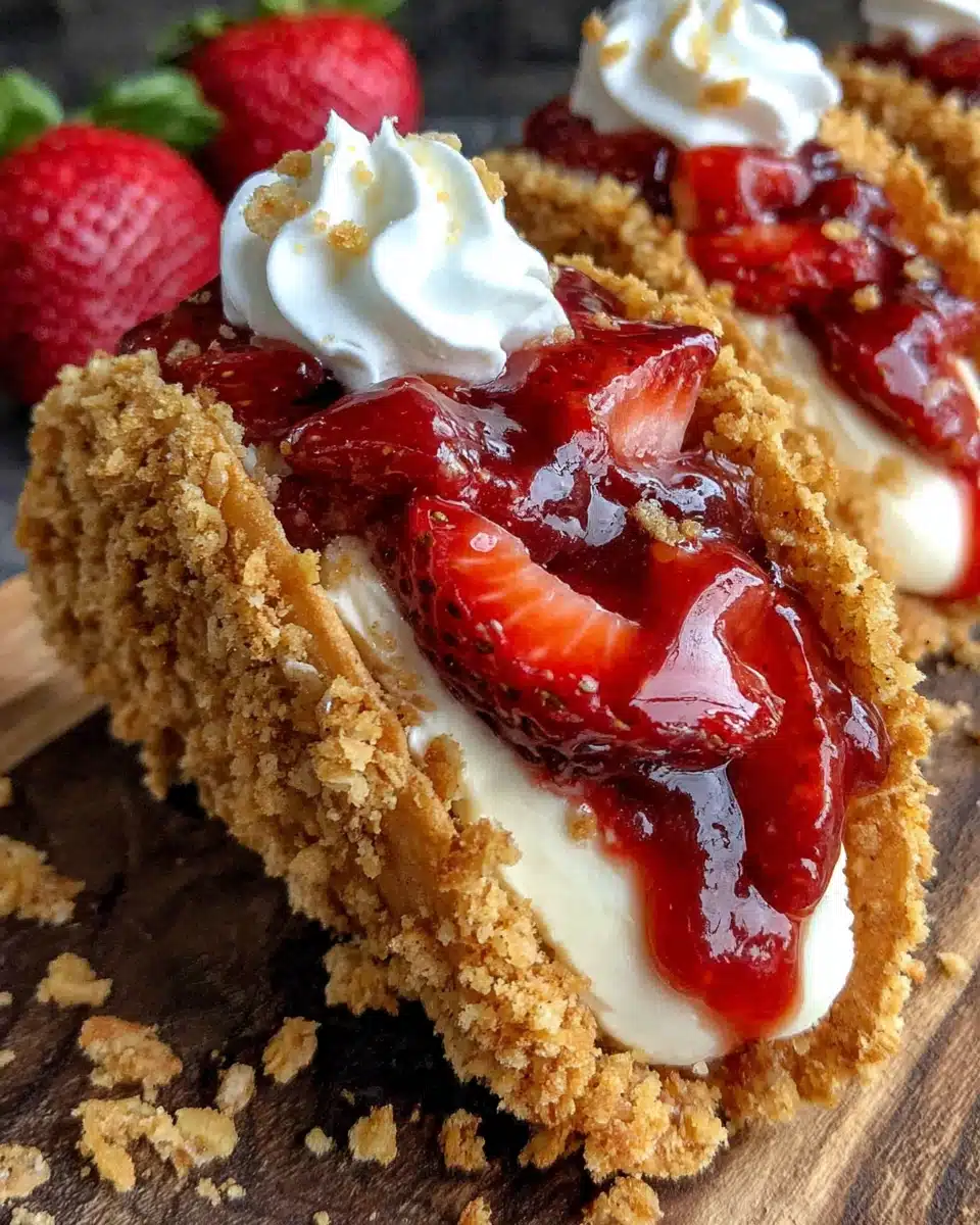 Strawberry crunch cheesecake taco with creamy filling and fresh strawberries
