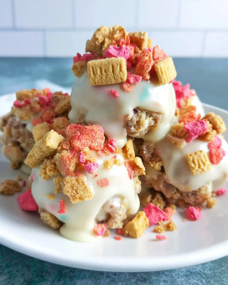 Strawberry crunch cookie balls with creamy center and crunchy topping