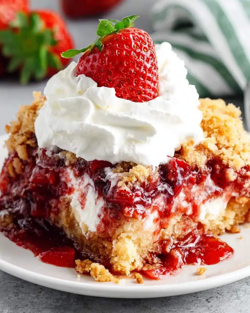 Strawberry dump cake slice with whipped cream and fresh strawberry on top
