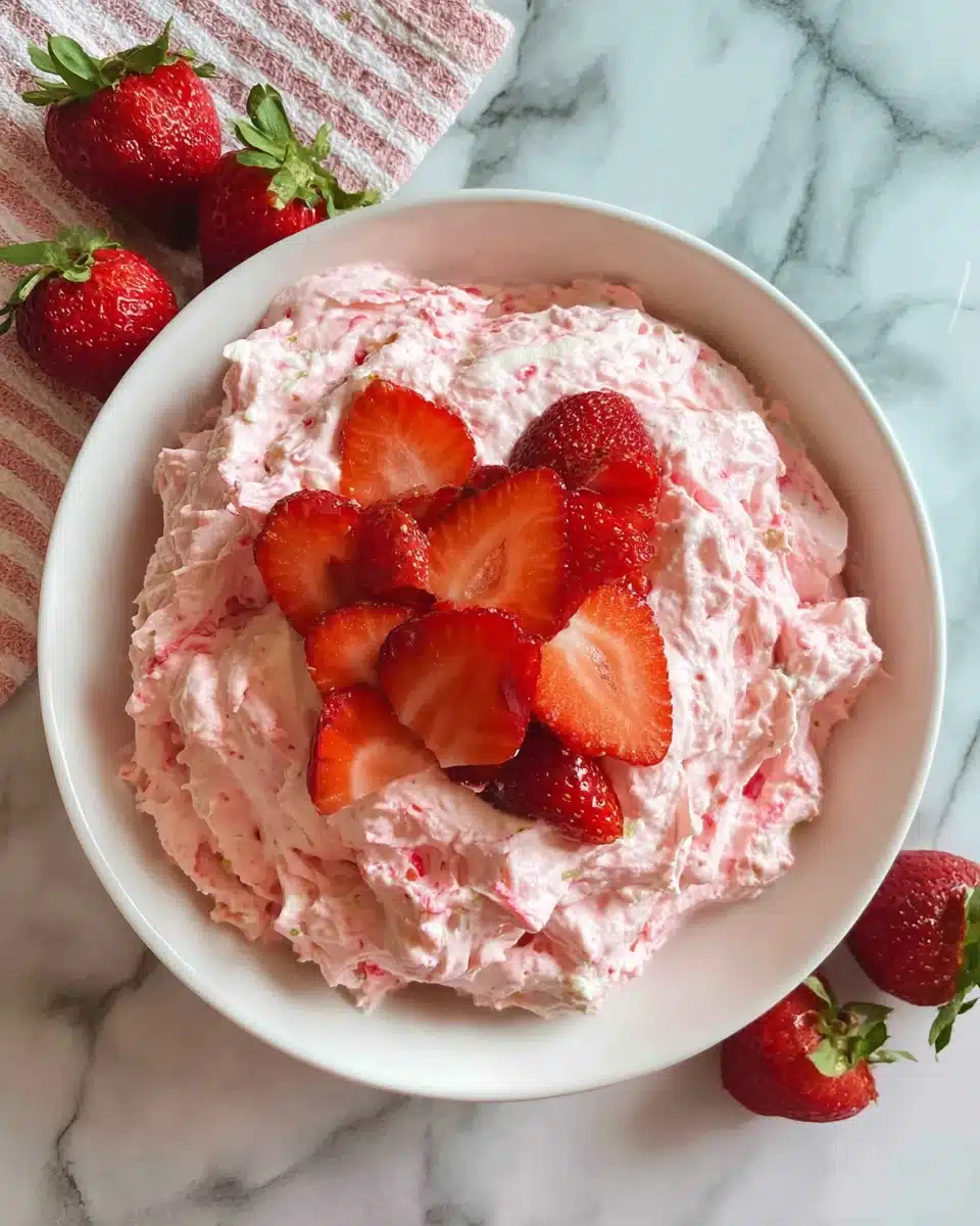 Creamy strawberry fluff salad in a white bowl with fresh strawberries