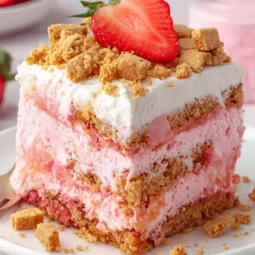 Strawberry icebox cake slice with whipped cream and cookie crumbles