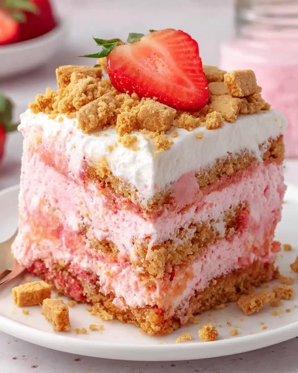 Strawberry icebox cake slice with whipped cream and cookie crumbles