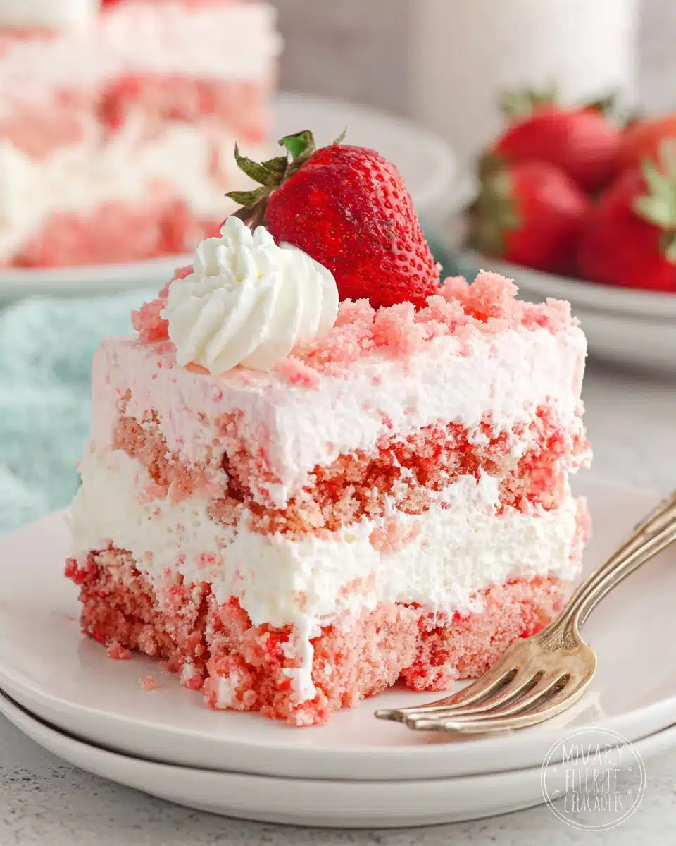 A slice of strawberry icebox cake with whipped cream and fresh strawberry on top