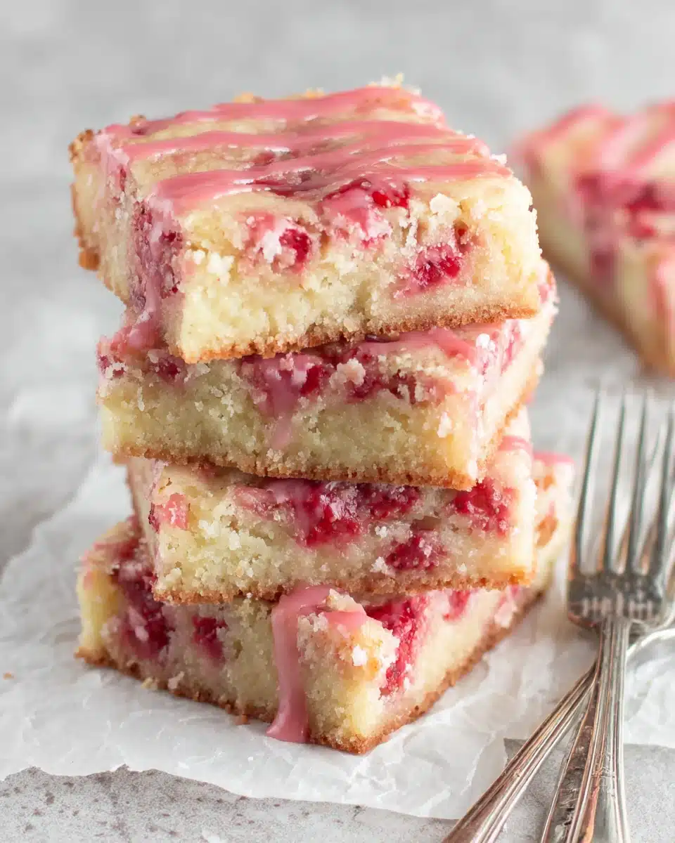 Strawberry Lemon Bars with Pink Glaze Stack of strawberry lemon bars with pink glaze and fresh strawberries