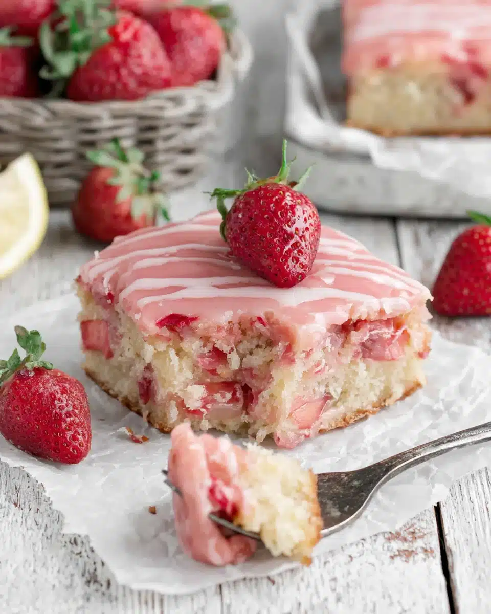 Delicious Strawberry Lemon Bars with Fresh Strawberries Strawberry lemon bar with pink glaze and fresh strawberries in background