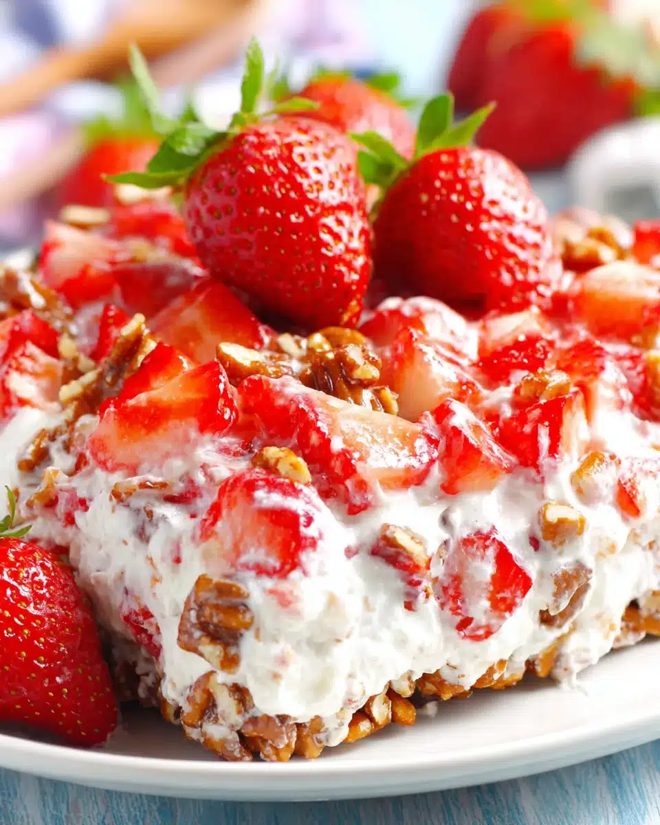 Strawberry pecan pretzel salad with fresh strawberries and creamy filling
