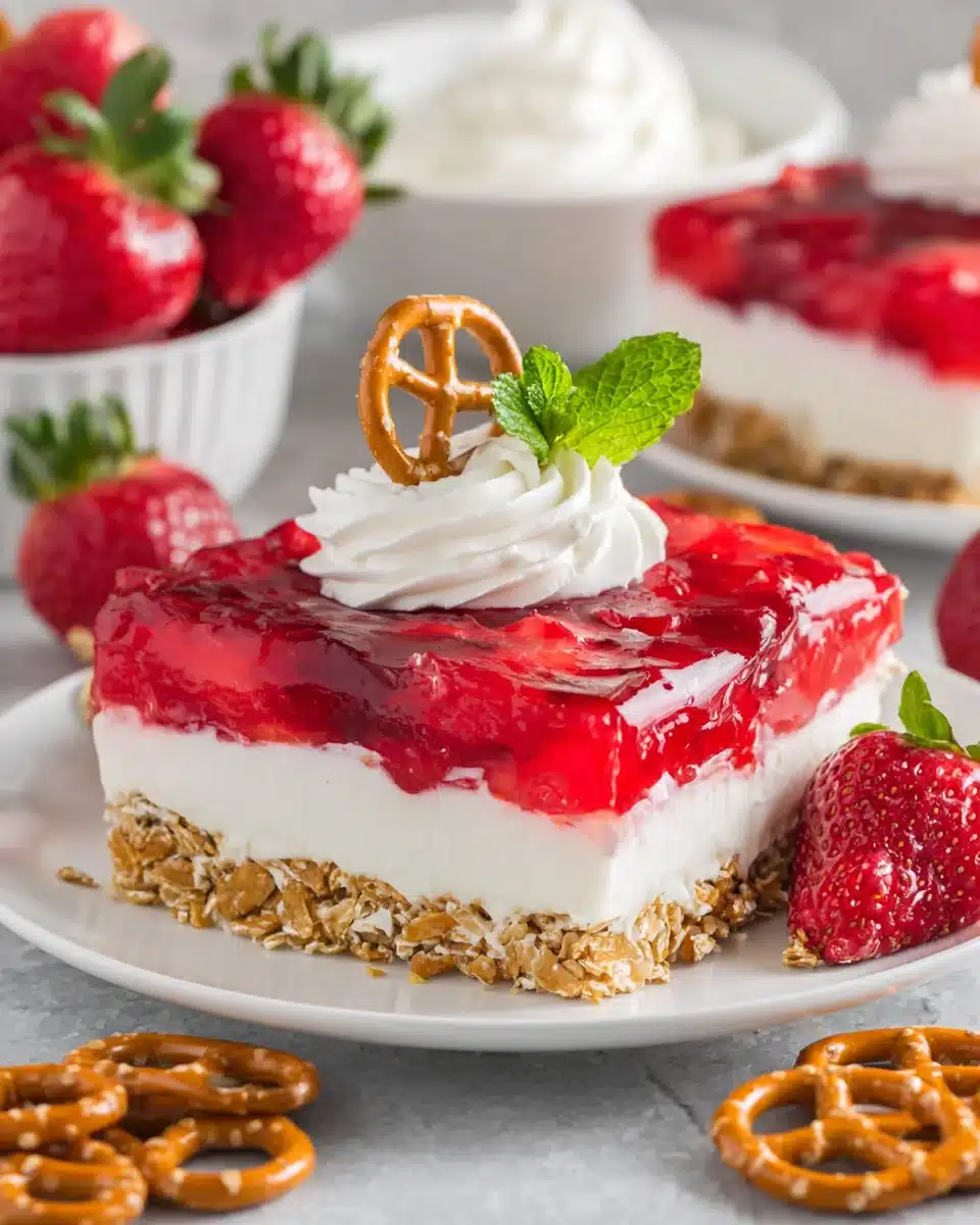 A slice of strawberry pretzel salad with layers of pretzel crust, cream cheese, and strawberry Jell-O, topped with whipped cream and a pretzel.