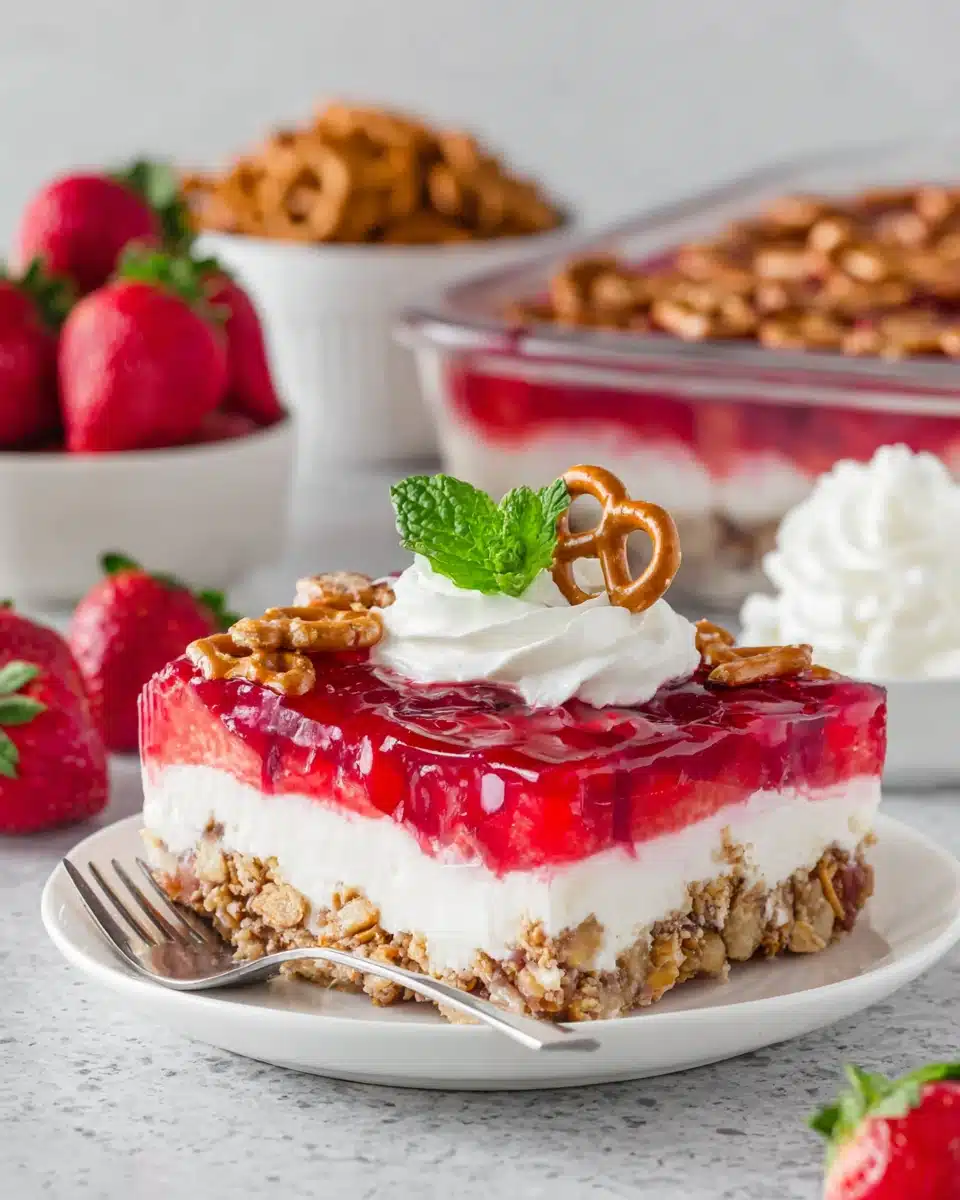 Strawberry pretzel salad slice with whipped cream and mint on a white plate