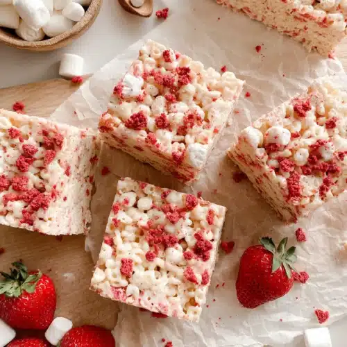 Strawberry rice krispie treats with freeze-dried strawberries on top