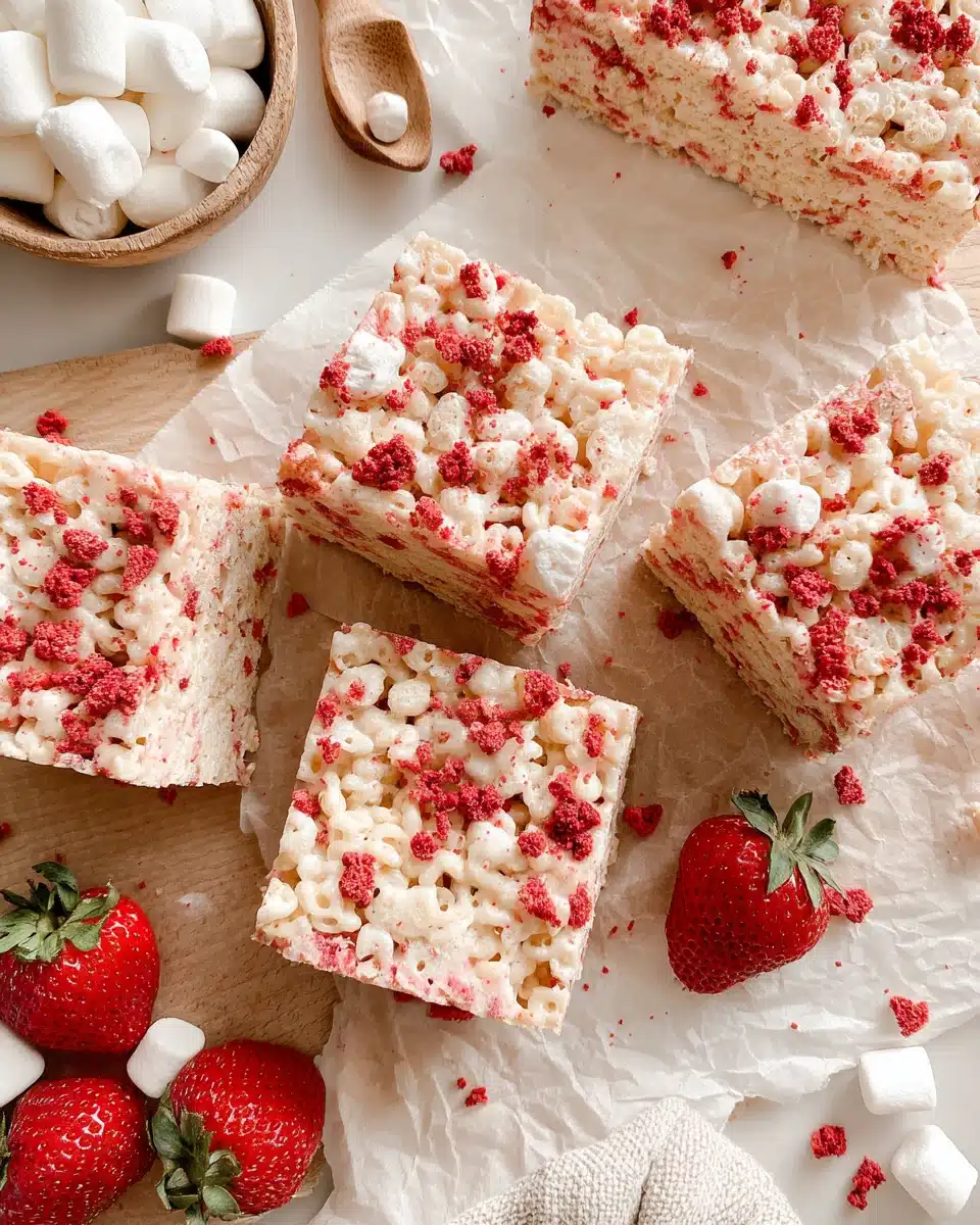Strawberry rice krispie treats with freeze-dried strawberries on top