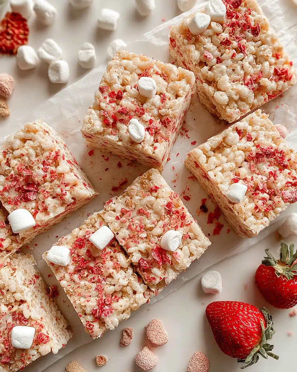 Strawberry rice krispie treats with crushed freeze-dried strawberries and marshmallows
