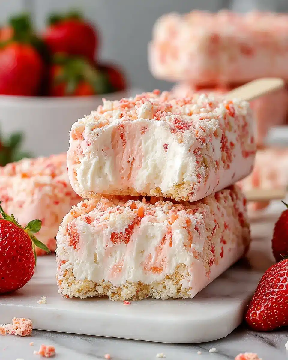 Strawberry Shortcake Ice Cream Bars with Crunchy Coating Strawberry shortcake ice cream bar with crunchy coating and fresh strawberries