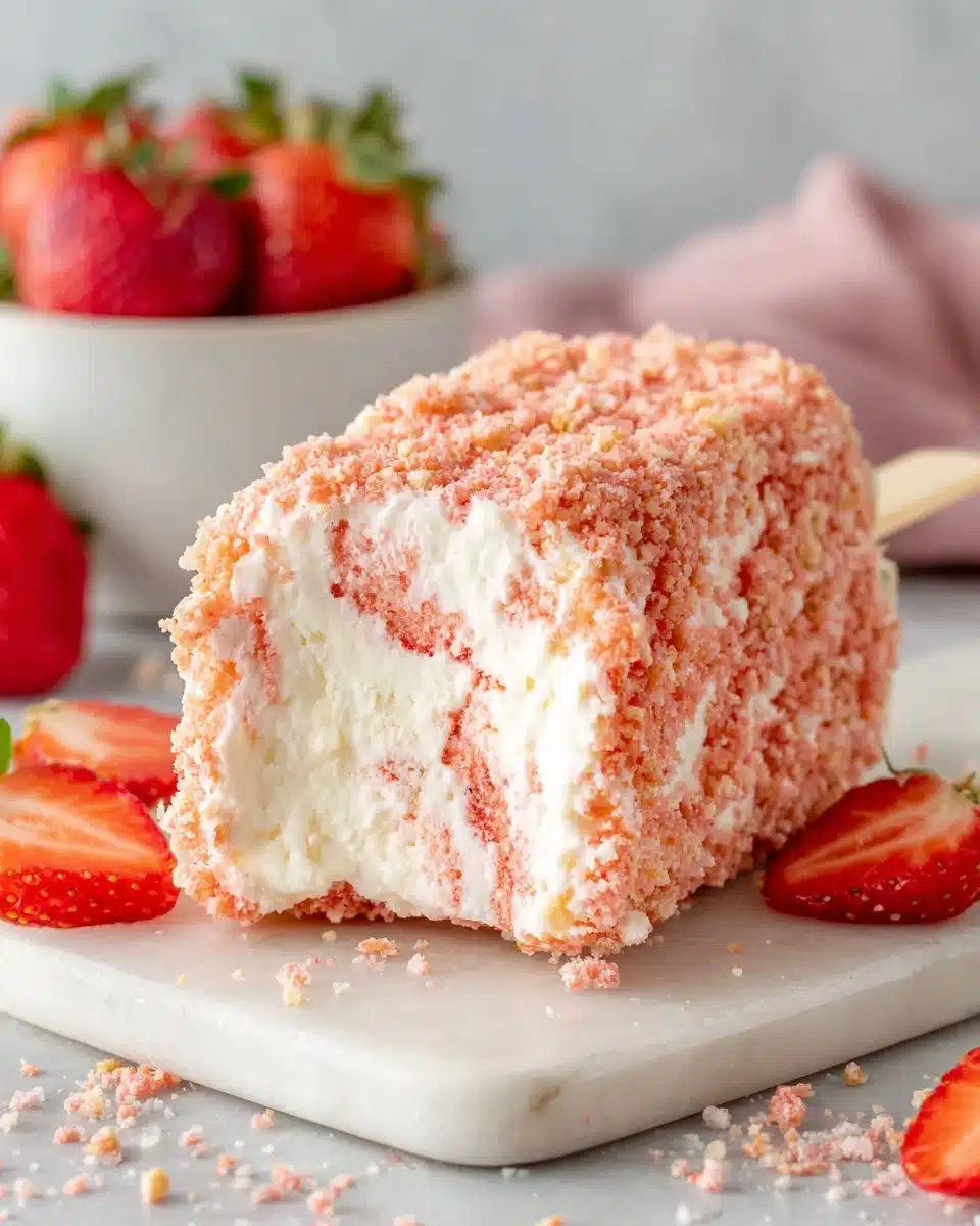 Strawberry Shortcake Ice Cream Bars with Crunchy Coating Strawberry shortcake ice cream bar with crunchy coating and fresh strawberries