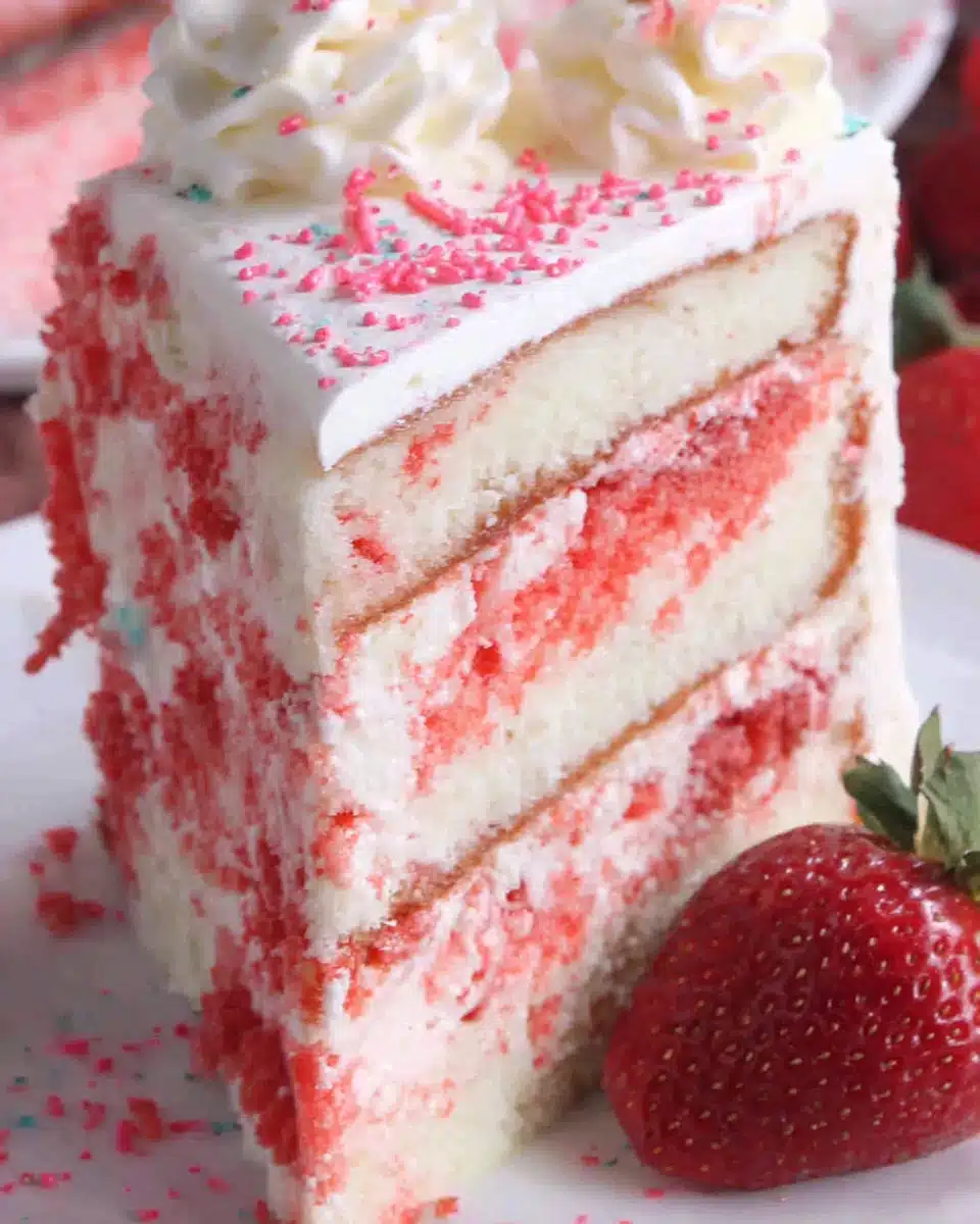 Strawberry shortcake ice cream cake with layers of cake, ice cream, and fresh strawberries