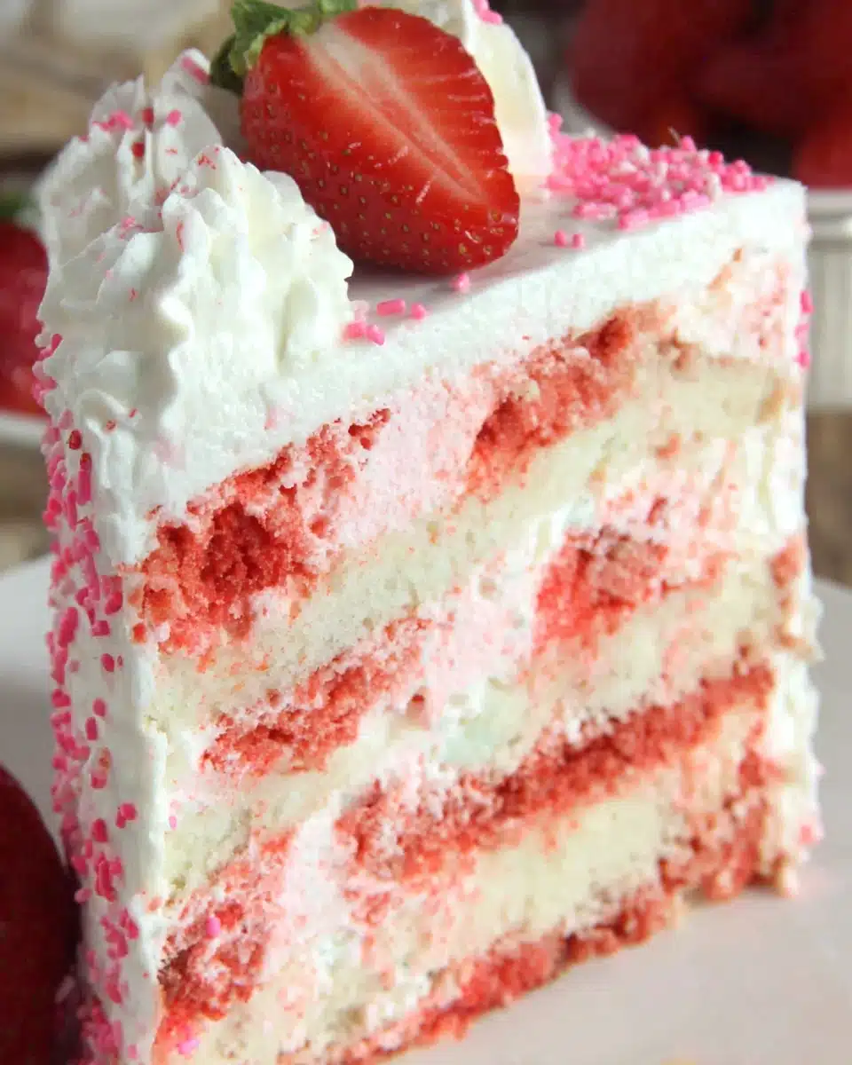 Strawberry shortcake ice cream cake with layers of cake, ice cream, and fresh strawberries.