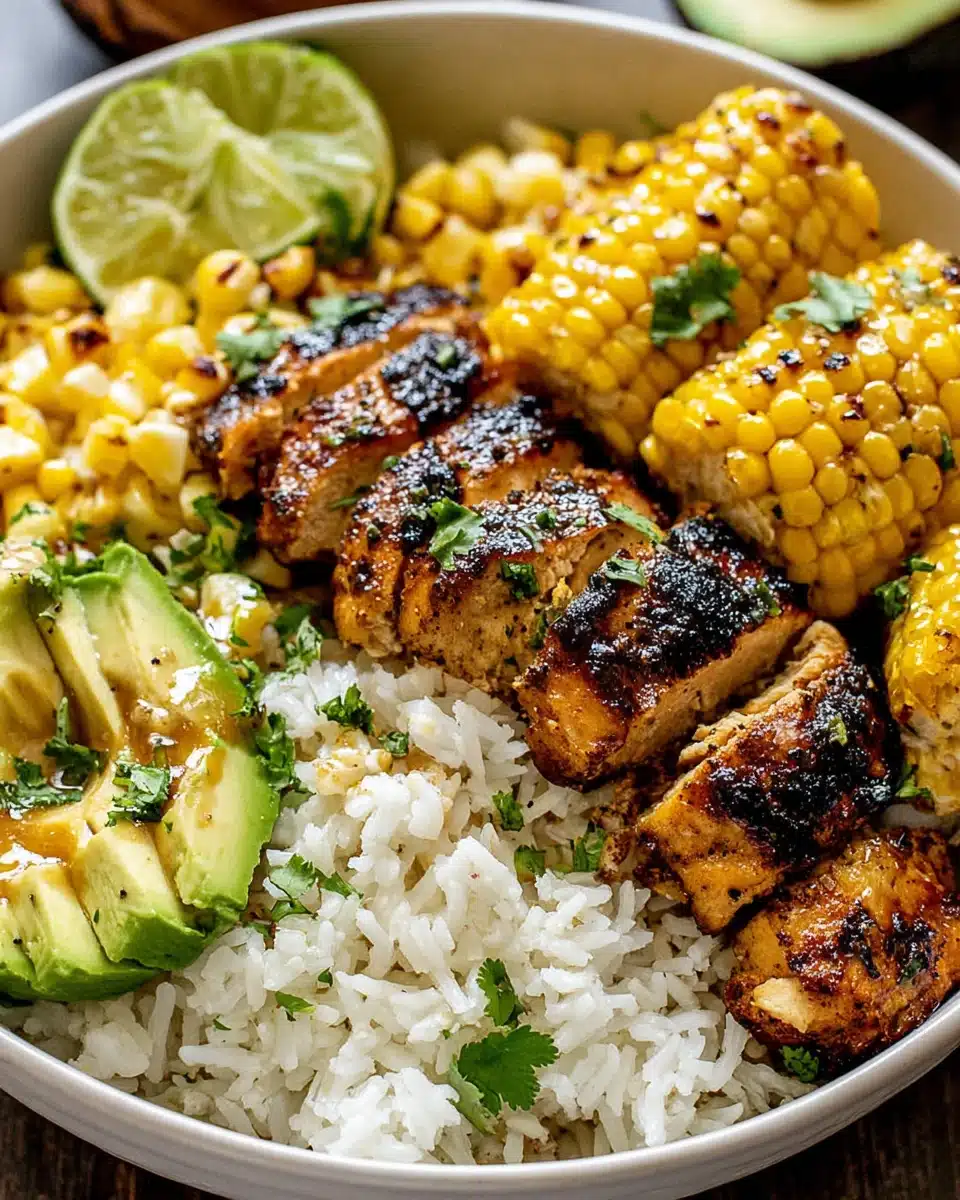 Street Corn Chicken Rice Bowl Recipe Delicious street corn chicken rice bowl with grilled chicken and creamy corn.