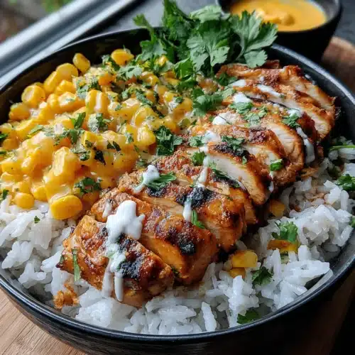 Street Corn Chicken Rice Bowl: A Flavorful Delight 1 Street corn chicken rice bowl with grilled chicken and toppings.