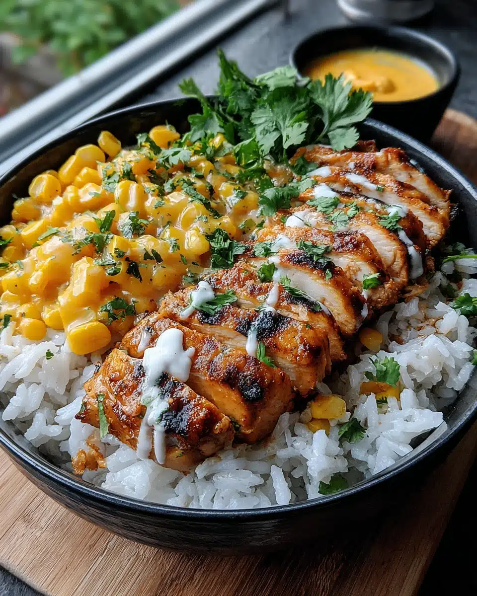 Savory Street Corn Chicken Rice Bowl Recipe Street corn chicken rice bowl with grilled chicken and toppings.